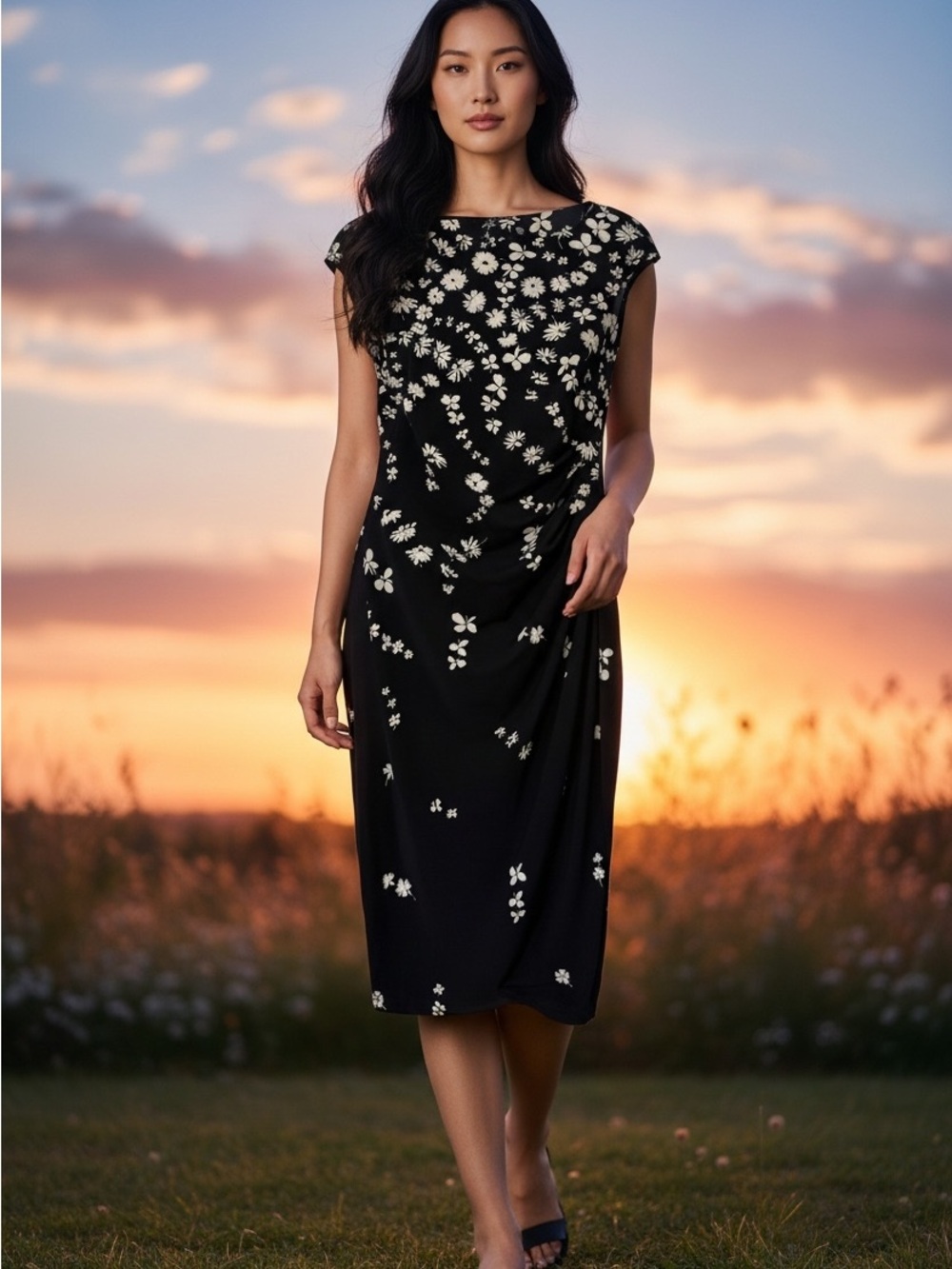 Chaps Black Midi Dress with White Daisy Print